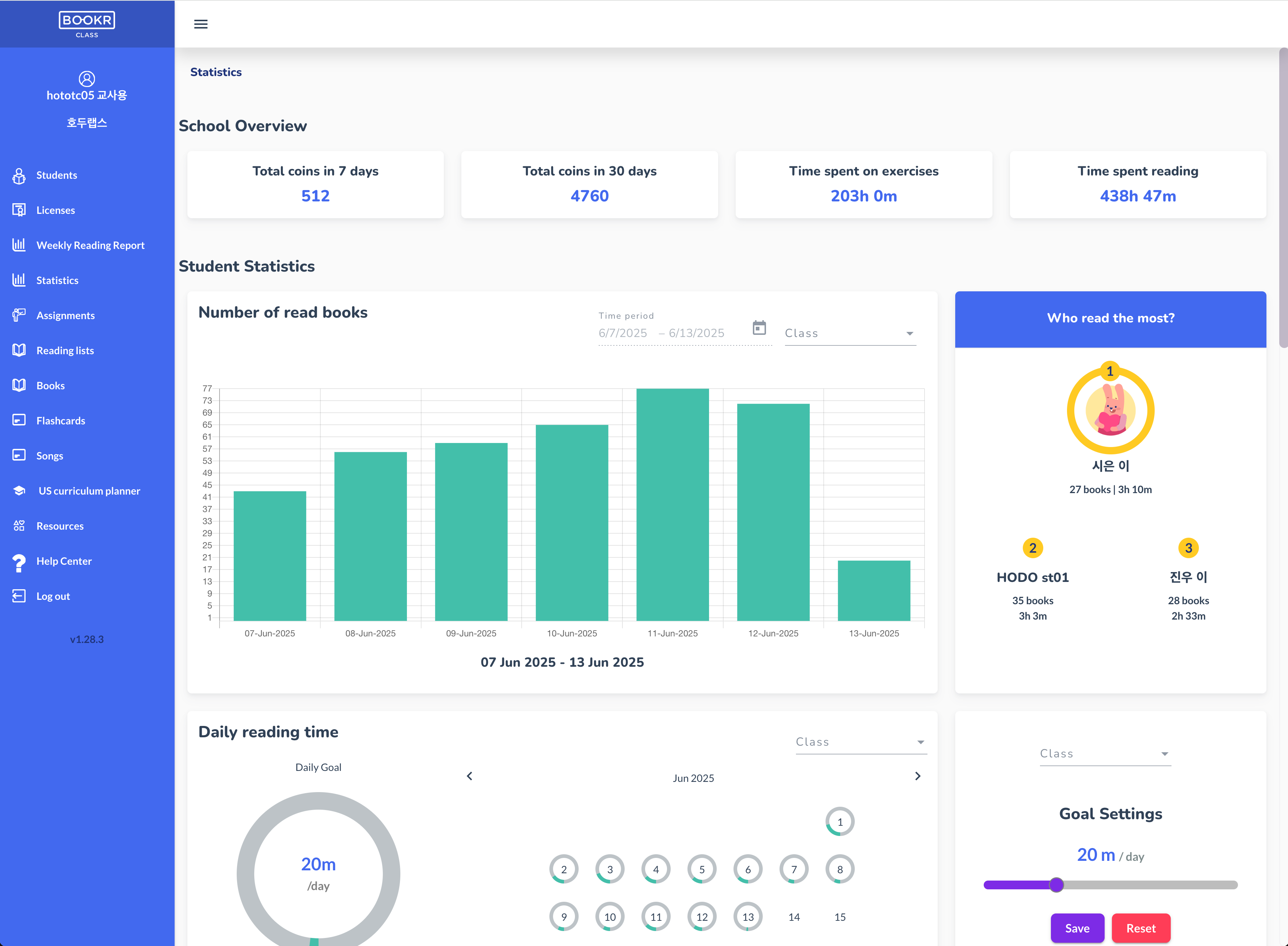 북커클래스 교사용/학부모용 대시보드 화면